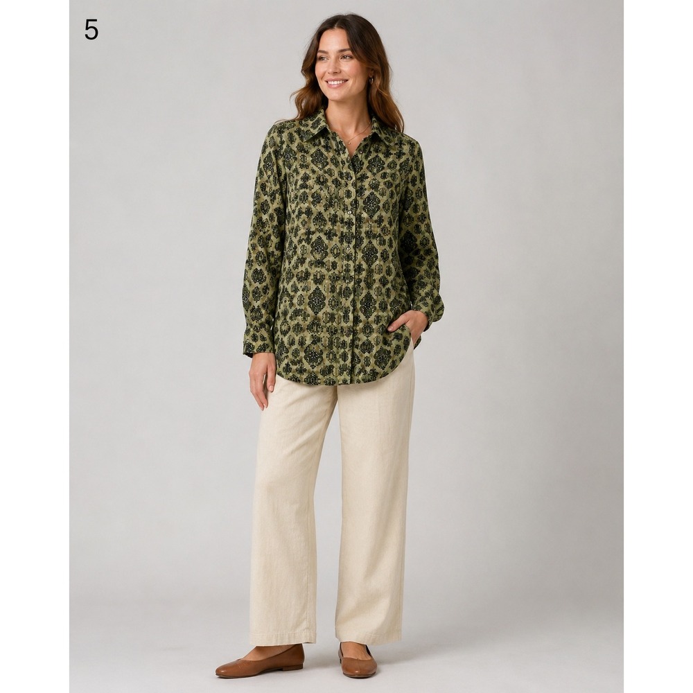Soft Surroundings Velvet Long Sleeve Button Front Shirt Womens XS Green Polyeste